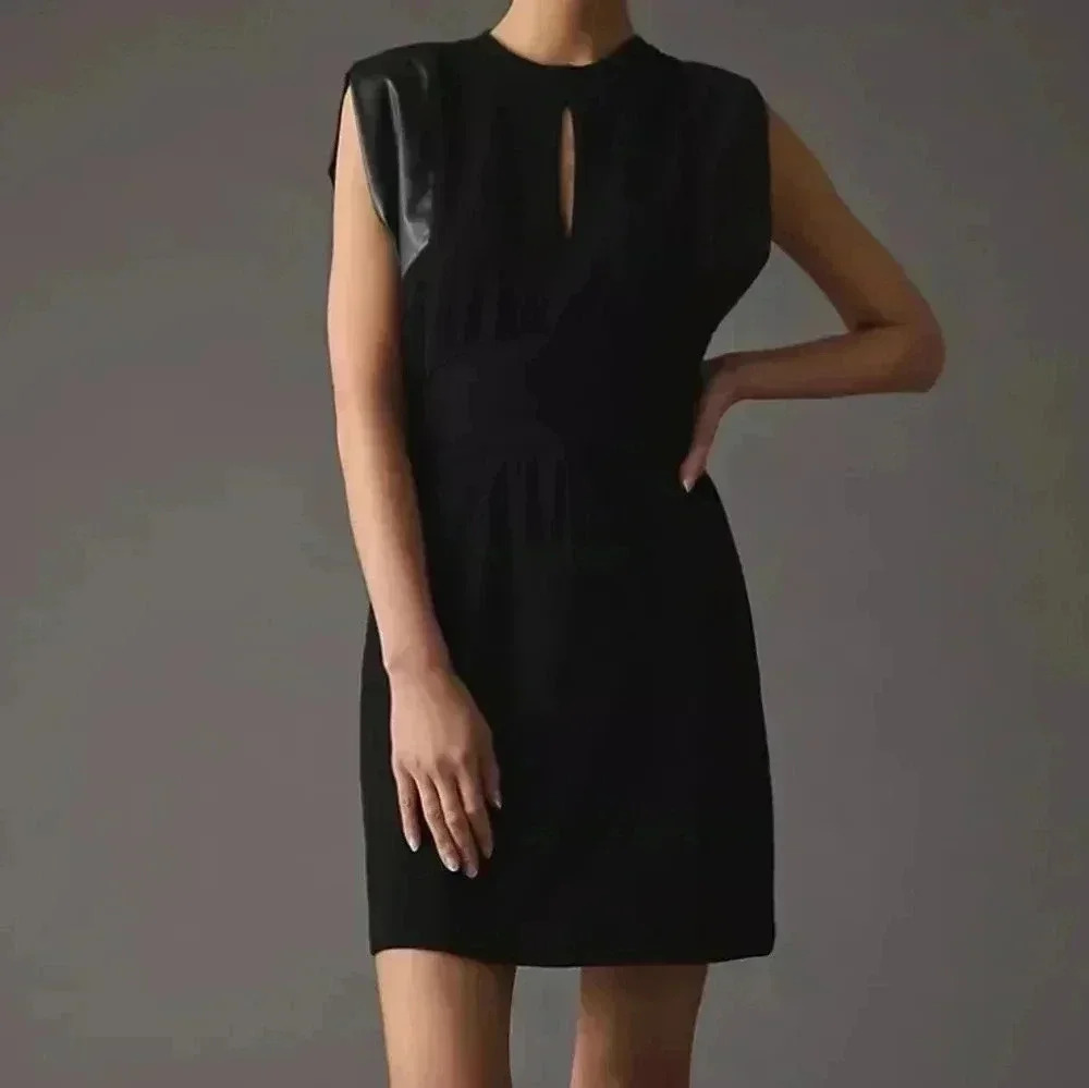 NWT Anthropologie Grey State Black Vegan Leather Rue Mini Dress